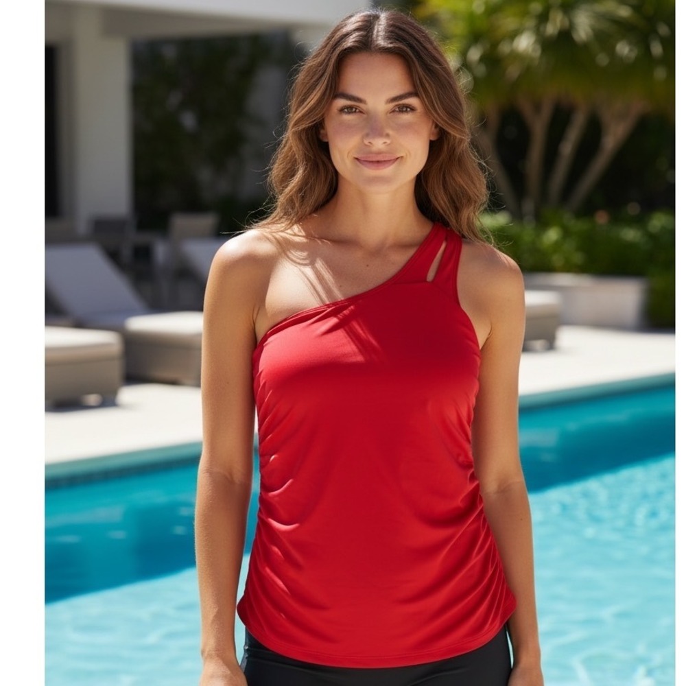 La Blanca Cherry Red One Shoulder Tummy Control Tankini Swimsuit Top Size 10 NWT
